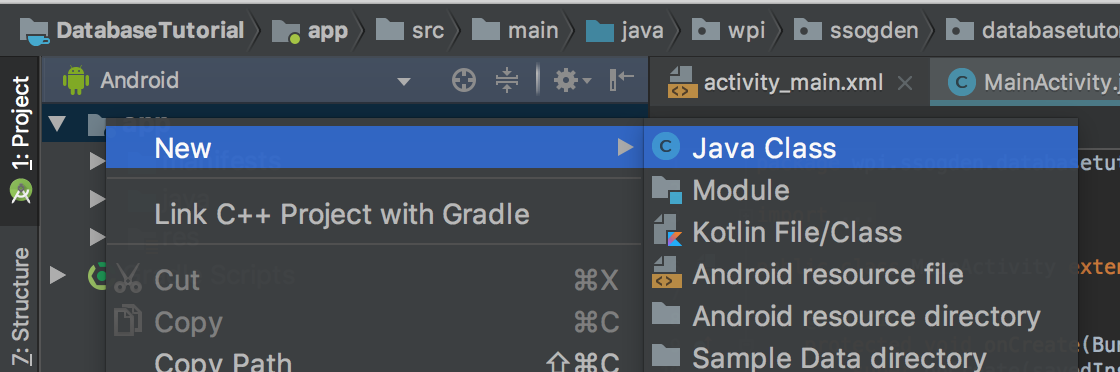 Adding a new class in Android Studio