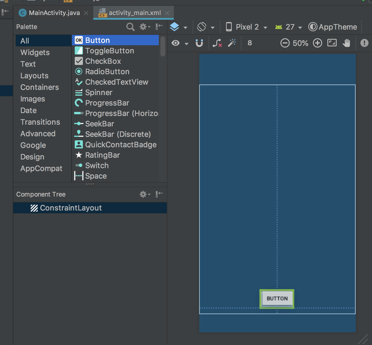 Adding a button element to the blueprint and letting Android Studio take care of constraints