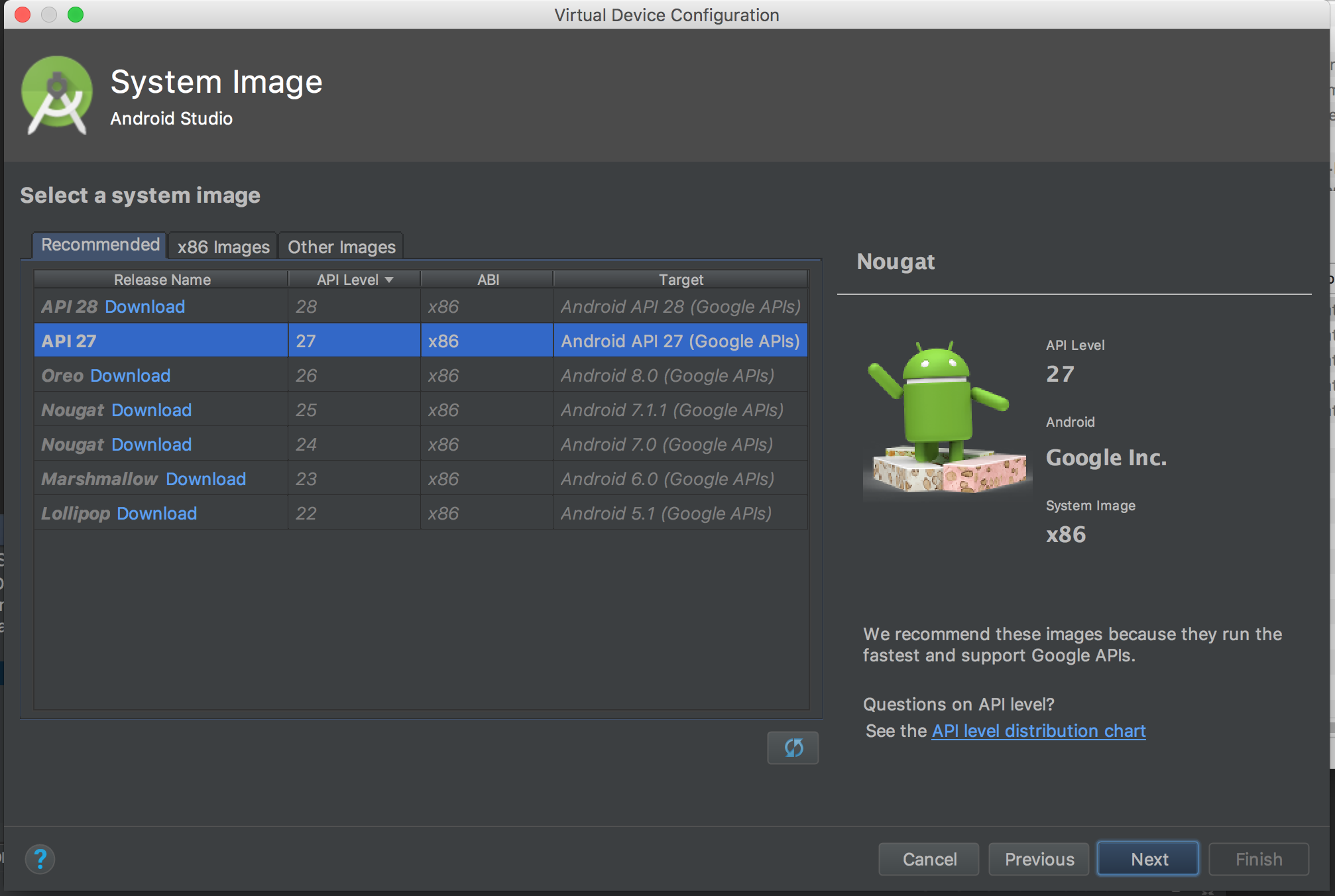 System Image panel, showing API options