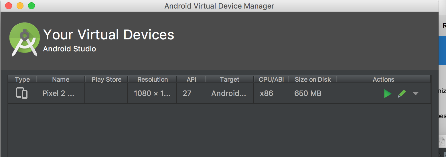 Virtual device manager with an AVD listed