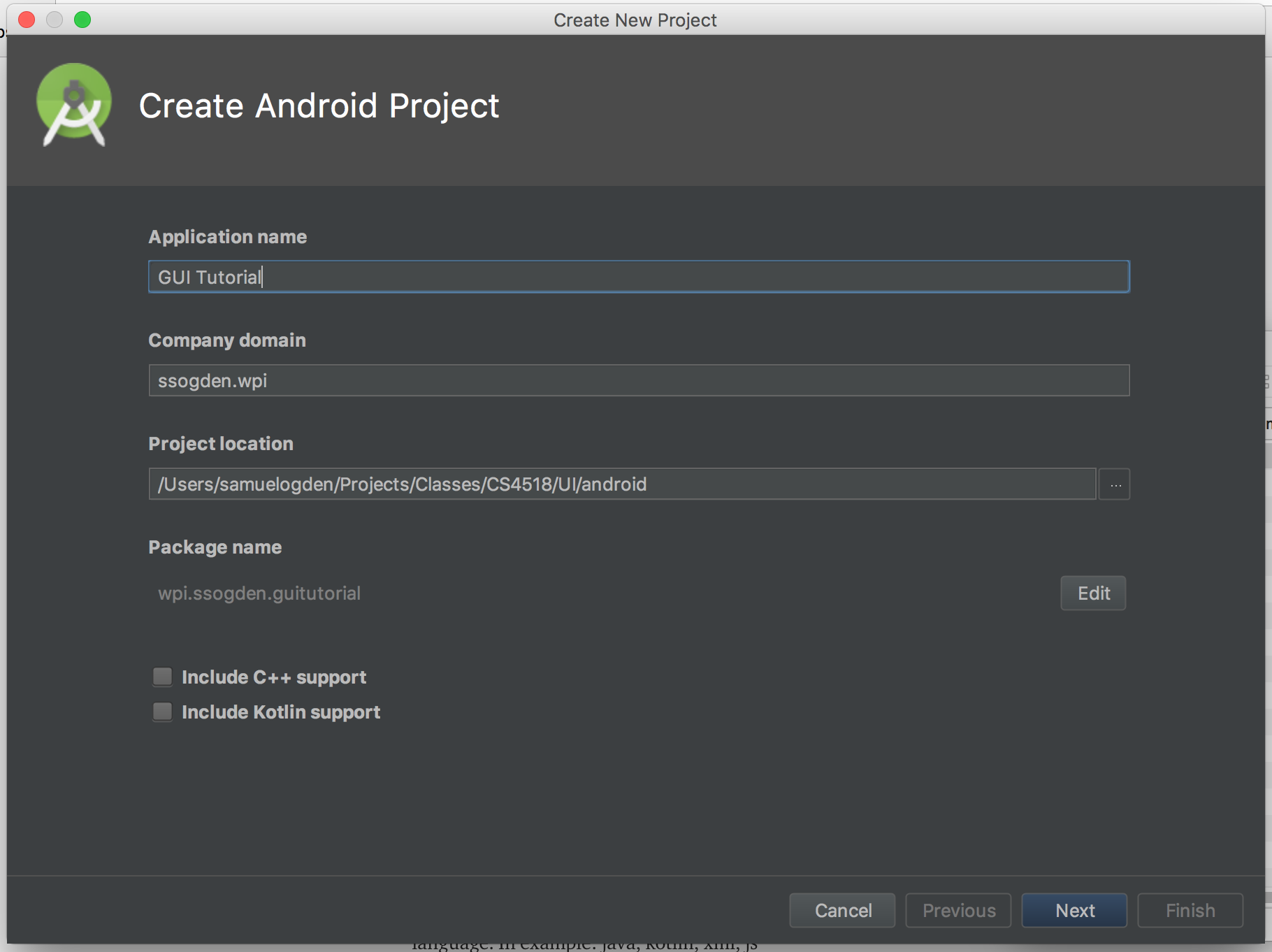 Create Android Project window with example inputs