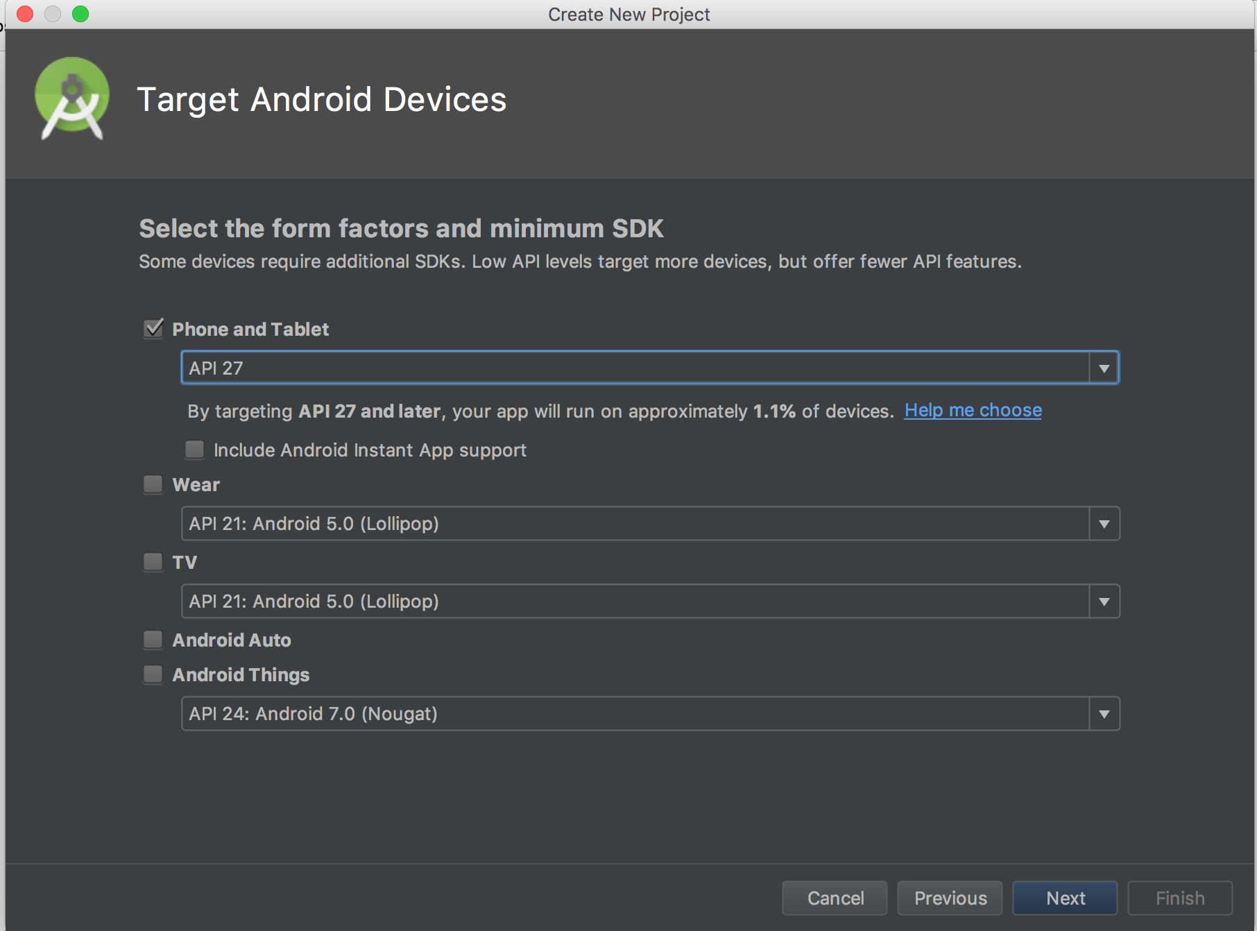 Target Android Devices window with API 27 selected