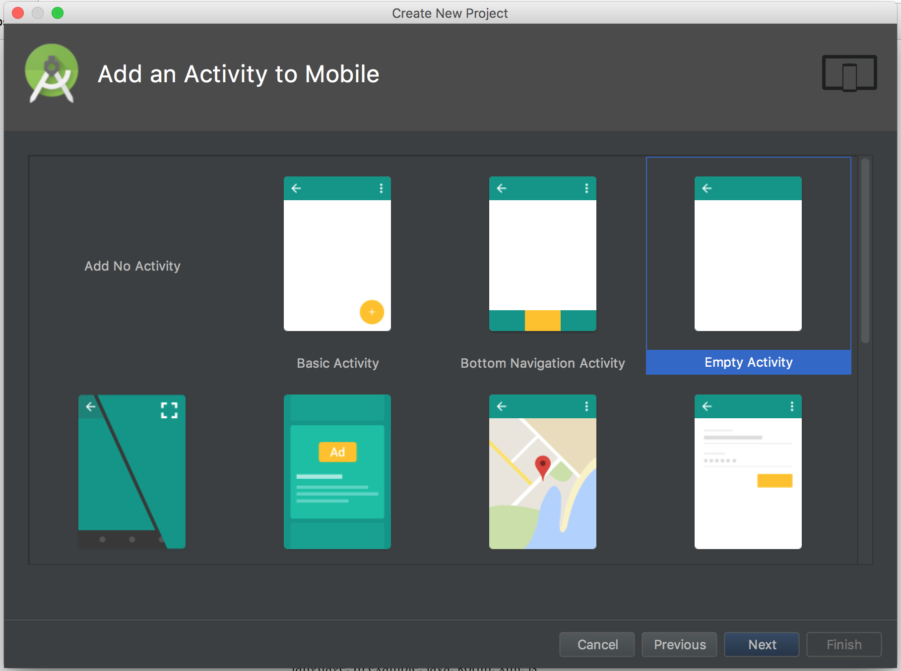 Add an Activity to Mobile to choose what kind of application to build