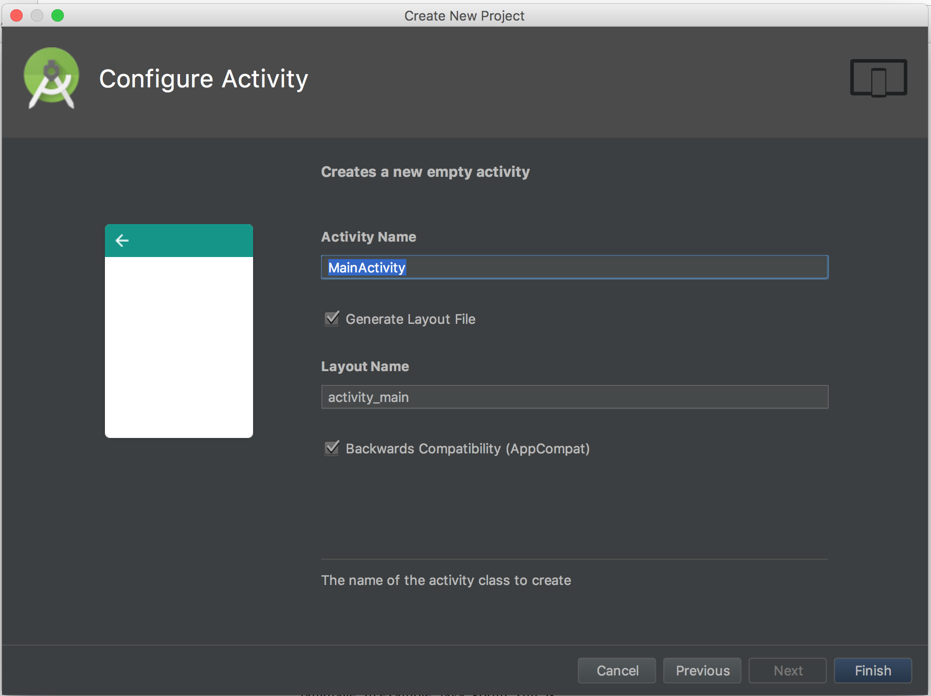 Configure Activity window to set activity name